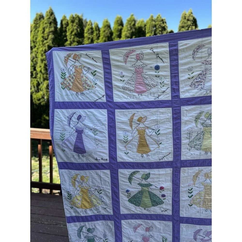 Vintage Handmade embroidered friendship quilt with Sun Bonnet Girls. 77” X 95”